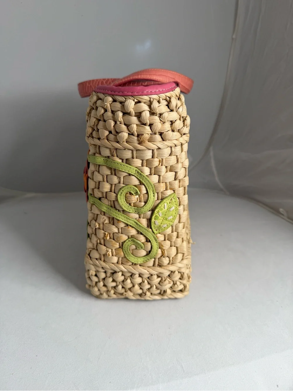 Brighton Beige Straw Tote with Pink Trim and Multicolor leather Floral Appliqués - Picture 3 of 12